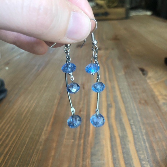 Dangling Blue Crystal and Silver Earrings - Picture 2 of 4